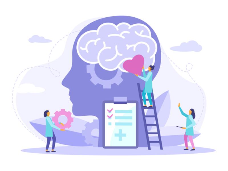 Illustration of mental health care professionals placing a heart into a human brain, symbolizing support.